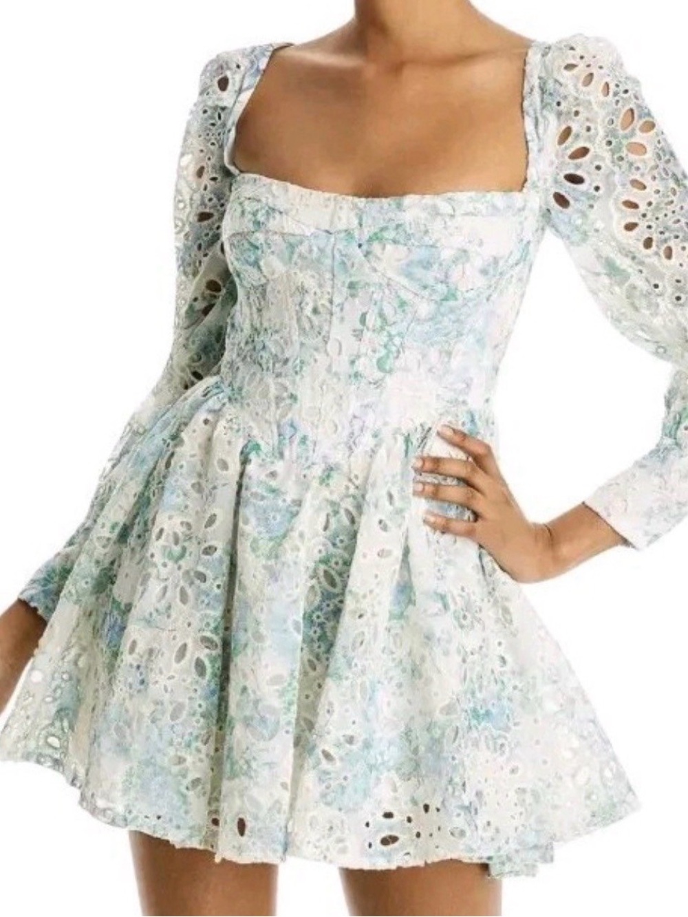 Bardot White and Light Blue Eyelet Square-Neck Mini Dress